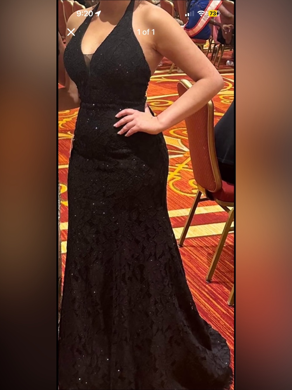 Black Halter Lace Evening Gown with Subtle Sparkle